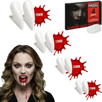 Imagen del producto de Dientes de vampiro en tallas 13, set de 4, de 17 y 19 mm, para adultos y niños. Dentadura de vampiro para Halloween 2026