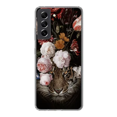 Produktbild von MuchoWow® Handyhülle Schutzhülle Hülle für Samsung Galaxy S21 FE Tiger - Blumen - Kunst Silikon Softcase Handy Hülle - Mobiltelefonhülle