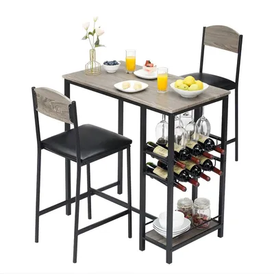 Produktbild von 3-teiliges Bartisch-Set mit 2 Stühlen – Küchen- & Esszimmer Set – Bartisch mit Ablage, Fußstützen & gepolsterten Sitzflächen – Holz/Metall – Grau