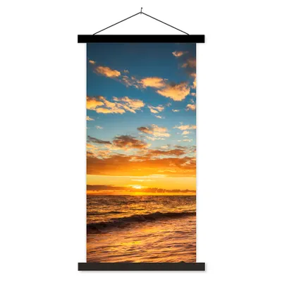 Produktbild von MuchoWow® Textilposter Strand - Sonnenuntergang - Meer - Palme 60x120 cm mit schwarzem Rahmen - Magnete