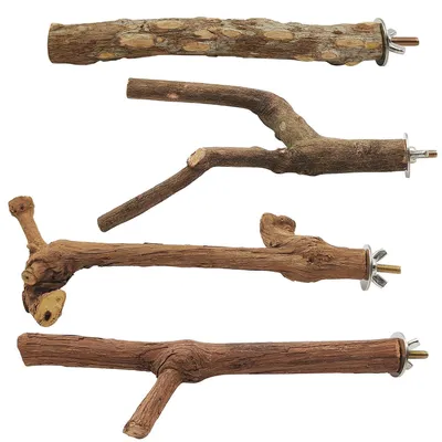 Image de Ensemble de 4 perchoirs en bois naturel pour cage, bois de vigne, support en forme de fourche, et grattoir pour les serres