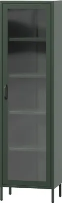 A tall, slender, green display cabinet with a glass door and four shelves.