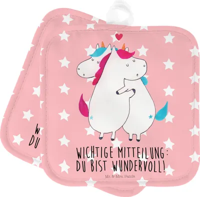 Produktbild von Mr. & Mrs. Panda 2er Set Topflappen Einhorn Mitteilung - Rot Pastell - Geschenk, Ofenhandschuhe, Einhorn Deko, Einhörner, Liebe, Topflappen mit Spruch, Topflappen lustig
