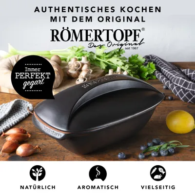 Produktbild von Römertopf CULINARIO Bräter, 3 Liter, für 4 Personen, Schwarz, mit Deckel, backofengeeignet, zum Schmoren, Braten und Dampfgaren, schonendes Garen