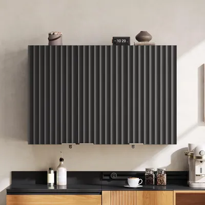 Immagine prodotto di Armadietto da parete per cucina Merax con 3 ante, pensile con maniglie dorate per l'organizzazione, armadietto a parete in MDF, design ondulato, , colore nero