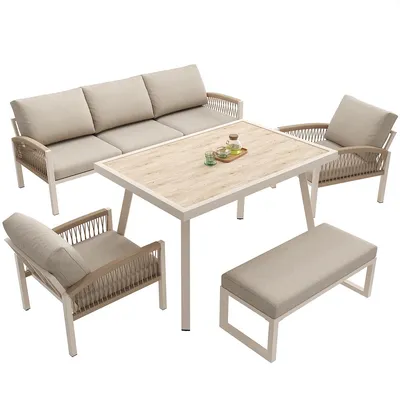 Produktbild von GartenLounge-Set mit Tisch und 2 Sesseln Gartensofa Lounge-Sofagarnitur Gartenmöbel-Set für 7 Personen Beige