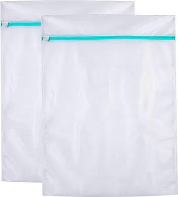 Two white mesh laundry bags with teal zippers are shown side-by-side against a white background.