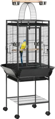Produktbild von PawHut Vogelkäfig mit Ständer und Rädern, 62,5 x 62,5 x 156 cm, Kanarienvogelkäfig aus Metall mit Bogenbrücke, 2 Sitzstangen, 4 Futterspender, 2 herausnehmbare Tabletts und unteres Regal, Grau