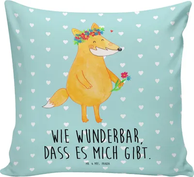 Produktbild von Mr. & Mrs. Panda Sofakissen 40x40 Fuchs Blumen - Türkis Pastell - Geschenk, Blumenliebe, Freundin, Deko Kissen, Sofa, bedruckt, Blume, kuschelkissen, Boho