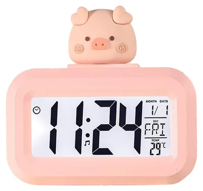 Digitale Cartoon-Uhr, Schweinchen Pink, LED, Kalender, Alarm