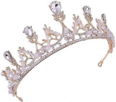 Zdjęcie produktu dla Tiara ślubna, ozdobna opaska na włosy – złota – z perłami i kryształkami – idealna na wesele –