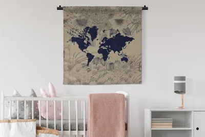 Produktbild von MuchoWow® Wandteppich Wandbehang Weltkarte - Pflanzen - Lila 90x90 cm Tapisserie Dekoration Wandtuch - Wandaufhänger