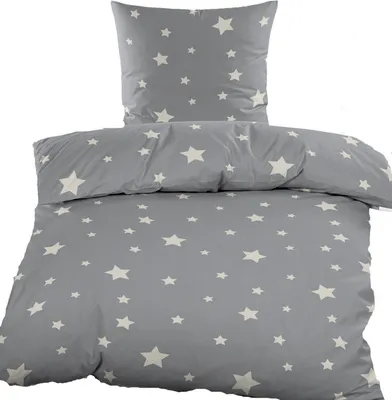 Produktbild von 2-tlg. Baumwoll Biber Winter Bettwäsche, 135 x 200 + 80x80cm, grau weiß Sterne