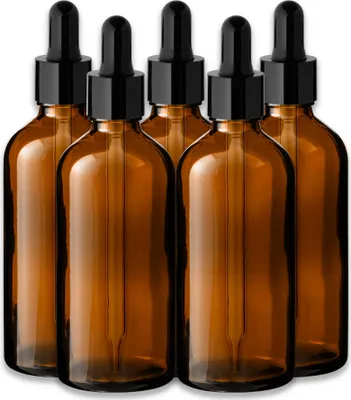 Produktbild von 5x Braune Glasflasche 100 ml mit schwarzer Pipette leer für Öl 18 mm