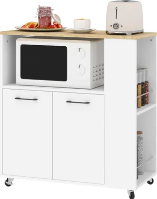 Image de HOMCOM Desserte de cuisine à roulettes avec plan de travail, Îlot central cuisine avec 2 portes, compartiment ouvert, étagère réglable et porte-épices, pour salle à manger, salon, 75x40x80,5cm, blanc