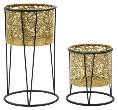 Produktbild von Pflanzständer-Set Fuji aus Rattan und schwarzem Eisen — Paar Ø 40x50 und Ø 35x40 cm