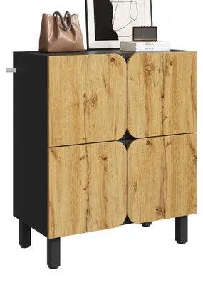 Image de Armoire à chaussures moderne à 4 portes au design coloré, élégante commode à chaussures en bois noir et naturel avec des étagères réglables et des pieds en fer pour