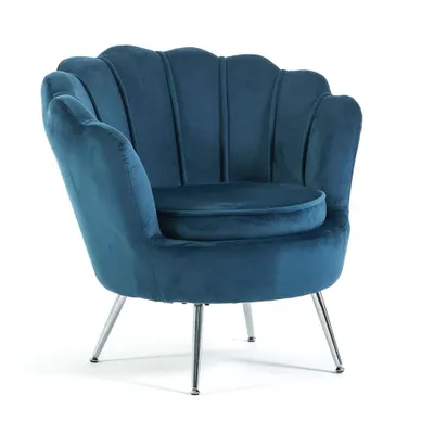 Immagine prodotto di Poltrona imbottita in velluto con design a conchiglia e gambe cromate in oro, elegante e raffinata - ideale per il soggiorno, la camera da letto o il corridoio, dal design vintage e retrò - PERLA - Blu/Argento