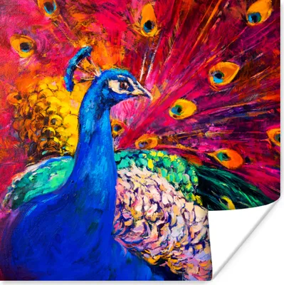Produktbild von MuchoWow® Poster Gemälde - Vogel - Pfau - Ölgemälde 75x75 cm - Wand Dekoration