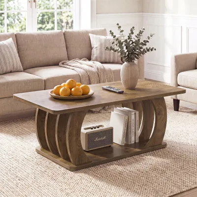 Produktbild von Tribesigns Landhaus Couchtisch, 2-stöckig mit Stauraum | Wohnzimmertisch aus Holz mit geschwungenem Gestell, rechteckiges Akzentmöbel, Braun