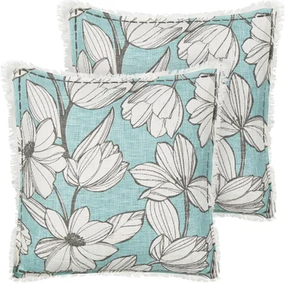 Zdjęcie produktu dla BELIANI Zestaw 2 poduszek biało-niebieskie bawełna 45 x 45 cm w kwiaty z frędzlami ręcznie wykonana zdejmowana poszewka wypełnienie w stylu boho