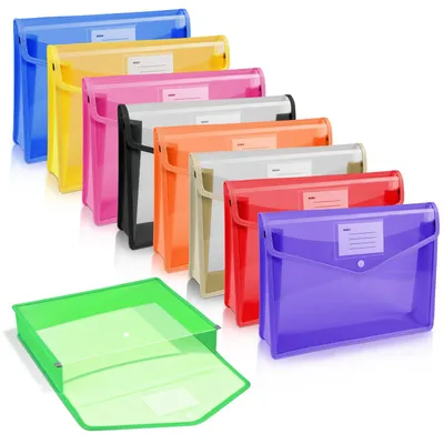 Produktbild von Set mit 9 Dokumentenmappen aus Kunststoff im A5-Format mit Etiketten und Schnappverschluss zur horizontalen Dokumentenorganisation (9 Farben)
