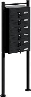 Produktbild von Wiltec 6er Briefkastenanlage schwarz 556 x 270 x 1500 mm, Standbriefkasten mit 6 Fächern, Schlüssel und Namensschild, Briefkasten Postkasten mit Ständer