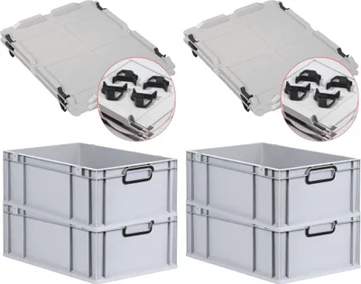 Produktbild von SuperSparSet 4x Eurobox NextGen Color mit Auflagedeckel und Schiebeschnappverschlüsse | HxBxT 22x40x60cm | 44 Liter | Grau | Griffe schwarz geschlossen | Verstärkter Boden | Eurobehälter, Transportbox, Transportbehälter, Stapelbehälter
