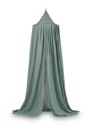 A green mosquito net hanging from a hook.