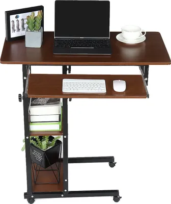 Productafbeelding van Bureau voor laptop, verstelbaar, mobiel, inklapbaar, met wieltjes, bruin. Geschikt voor thuiswerken