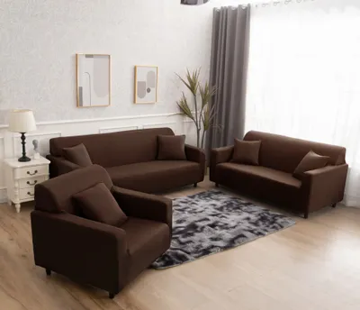 Image de 6 PIÈCES Housses de canapé stretch Pure Color Housse de protection pour meubles 1 triple 1 double 1 simple et 3 housses de coussin Combinaison, Marron foncé
