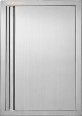 A close-up, front-facing view of a stainless steel grill access door.