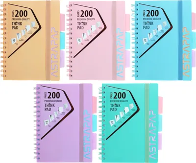 A collage of five spiral-bound notebooks in different pastel colors, each with tabs and a design on the cover.