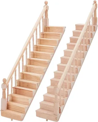Imagen del producto de Juego de 2 piezas de muebles para casas de muñecas, hechos de madera. Incluye barandilla en miniatura, accesorios para casas de muñecas, escalera para casas de muñecas, y un juego de muebles y accesorios para casas de muñecas