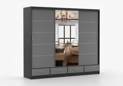 Produktbild von FRENCE Schwebetürenschrank 253 cm  Schwarz Matt/Grau  mit Spiegel, großer Kleiderschrank 2-türig mit Schubladen