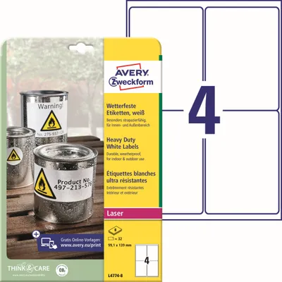 Zdjęcie produktu dla Avery L4774-8, Biały, Samoprzylepne etykiety do drukowania, A4, Poliester, Laser, Na stałe