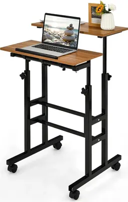 Produktbild von GOPLUS Mobiler Laptoptisch, Sit-Stand Arbeitstisch mit Rollen, höhenverstellbarer Stehtisch, Schreibtisch zum Stehpult für Notebook&Beamer, Präsentationswagen, für Zuhause&Büro (Braun)