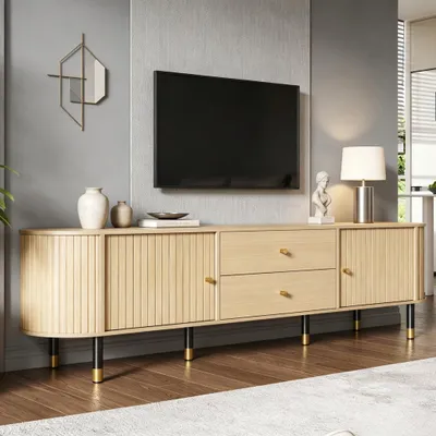 Produktbild von MODFU TV-Schrank 180cm,Lowboard für 75 Zoll,Ovaler Fernsehbank mit Schiebetüren und Schubladen,TV-Regal in Holzoptik,Natur