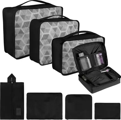 Produktbild von Koffer Organizer 8-teiliges Set - Packwürfel Organizer für Gepäck - Reisegepäck Organizer für Kleidung, Kosmetik, Schuhe - Schwarzer Koffer Organizer