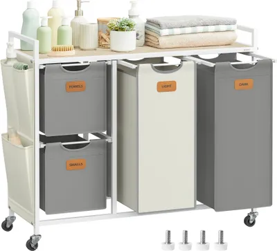 Produktbild von VASAGLE Wäschekorb 4 Fächer, Wäschesammler 150 L,  Wäschewagen mit Ablage
