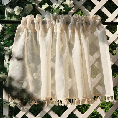 Image de Rideau bohème beige, style vintage, semi-transparent, idéal pour une cuisine, rideau court, style bohème, avec franges, voilage pour fenêtre, semi-transparent, pour cuisine