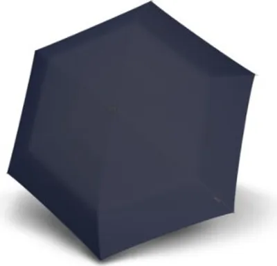 A closed navy umbrella is shown from a top-down, slightly angled perspective.