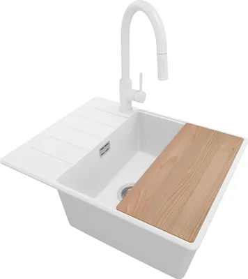 Produktbild von PRIMAGRAN Granitspüle Weiß 62x50cm, Spülbecken 1 Becken + Küchenarmatur 40x20cm + Ablauf-Set + Schneidebrett, Küchenspüle ab 50er Unterschrank - Kopenhagen