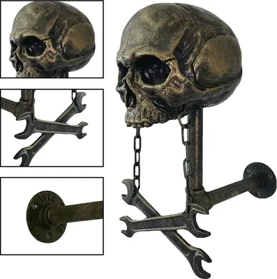 A collage of images showing a skull-shaped wall mount with wrenches and a pipe fixture.