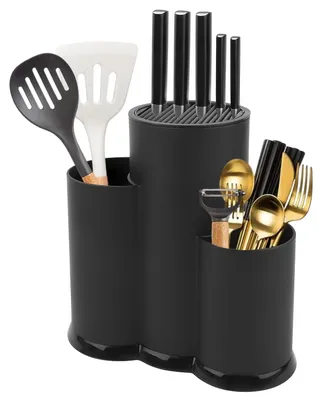 Image de TRANKIELO® - Porte-couteaux noir 3-en-1 - Rangement universel pour couteaux et ustensiles de cuisine
