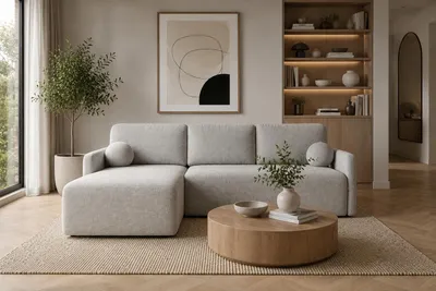 Produktbild von Ecksofa SOFI L-Form, Universal, Modernes Bettsofa mit Schlaffunktion und Bettkasten, Schlafsofa, Couch beidseitig montierbar, GRAU - ABRIAMO 06, KI-generiertes Bild
