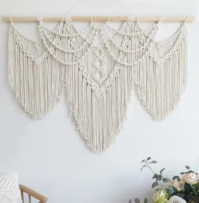 Produktbild von Großer Makramee-Wandbehang - Boho-Wanddekoration - große Wandkunst - Wanddekoration Wohnzimmer - Makramee-Wandteppich, Boho-Nachbildung für Schlafzimmer (Beige mit Fransen)