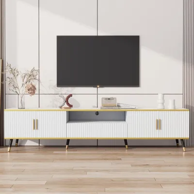 Image de Meuble TV moderne - Blanc - Avec un motif unique - 200x40x46 cm - Pour téléviseurs jusqu'à 80 pouces - Deux portes
