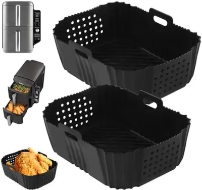 Produktbild von PromoHome® 2er-Set Silikon-Airfryer-Backformen – Hitzebeständig bis 205°C, 21x14x7 cm, Schwarz