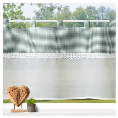 Produktbild von Heimtexland Scheibengardine Landhaus Batist weiß Vichy Karo mit Borte Schlaufen Bistro Gardine Bauernhaus Fensterdeko Küche halbtransparent HxB 45x120  Typ929 Grün